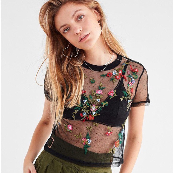 black mesh embroidered top